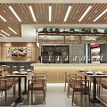 Modern Restaurant Interior With Wooden Ceiling Linear Lights Dining Tables Counter And Green Plants