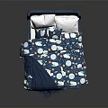 Blue Upholstered Double Bed With Star Moon Pattern Quilt Blue Blanket And White Pillows 3d model