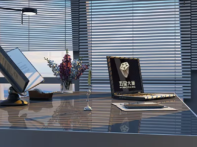 Modern Office Interior Design With Wooden Desk Laptop Lamp Flower Vase And Window Blinds 3d model