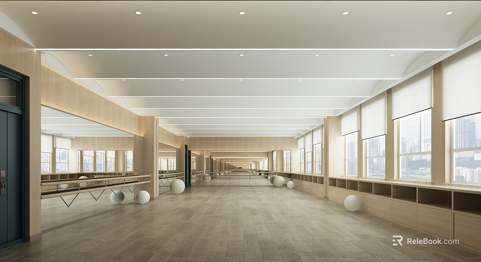 Spacious Indoor Fitness Studio With Wooden Floors And Long Windows Exercise Balls And Balance Beams 3d model 