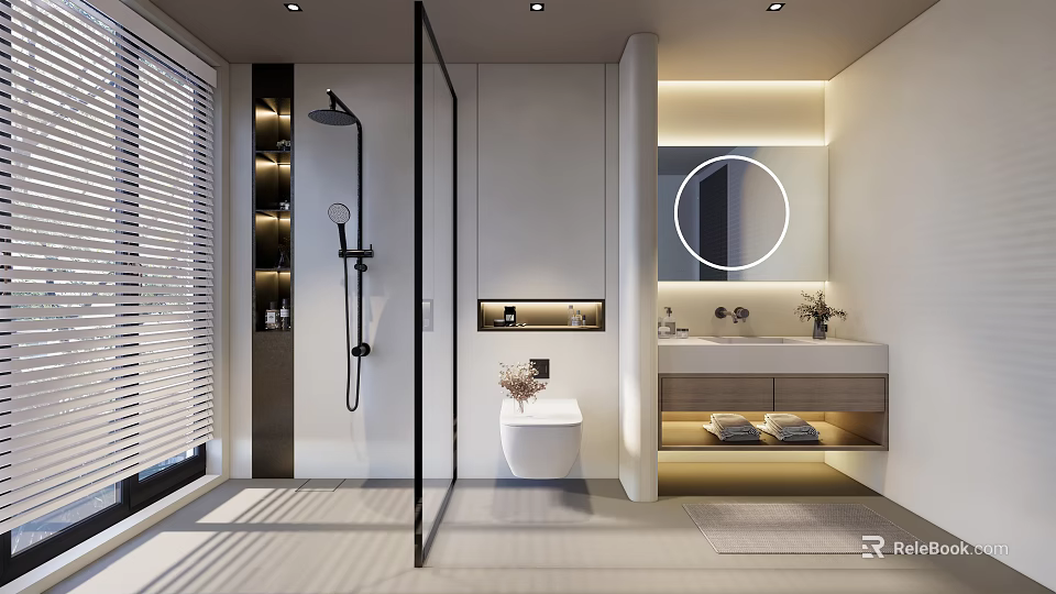 Modern Bathroom Interior With Glass Shower Round Mirror White Toilet And Vanity Sink Design 3d model 