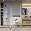 Modern Bathroom Interior With Glass Shower Round Mirror White Toilet And Vanity Sink Design