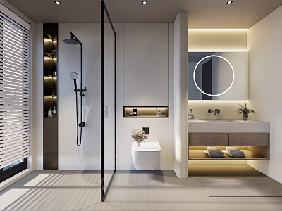 Modern Bathroom Interior With Glass Shower Round Mirror White Toilet And Vanity Sink Design 3d model