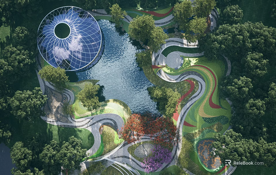 Waterfront Landscape With Serene Pond Lush Trees Winding Paths And Circular Dome Structure 3d model 