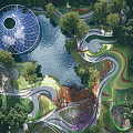 Waterfront Landscape With Serene Pond Lush Trees Winding Paths And Circular Dome Structure