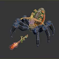 Game and Movie Character Riding Futuristic Mechanical Spider With Red Lights and Flaming Weapon