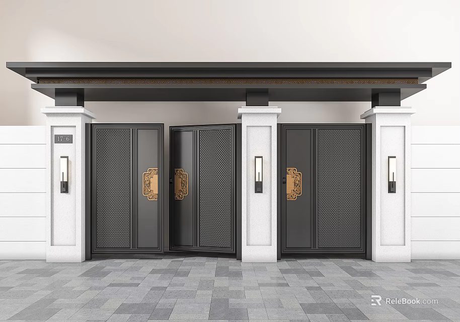 Black Entrance Gate With Golden Accents And White Side Pillars 3d model 