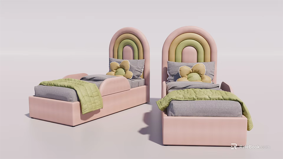 Kids Bed With Rainbow Shaped Headboard Pink Green Yellow Bow Decor Pillows And Green Blanket 3d model 
