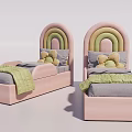 Kids Bed With Rainbow Shaped Headboard Pink Green Yellow Bow Decor Pillows And Green Blanket