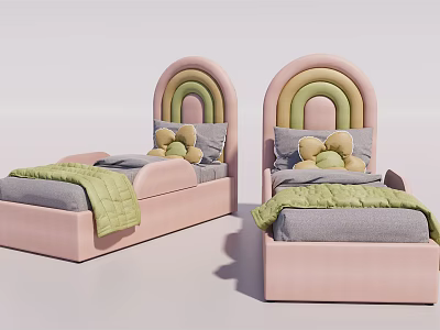 Kids Bed With Rainbow Shaped Headboard Pink Green Yellow Bow Decor Pillows And Green Blanket 3d model
