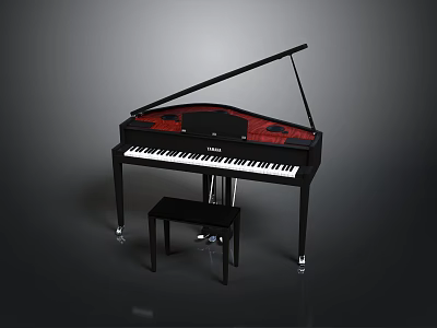 Elegant Black Grand Piano With Red Interior And Wooden Stool Design 3d model