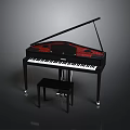 Elegant Black Grand Piano With Red Interior And Wooden Stool Design