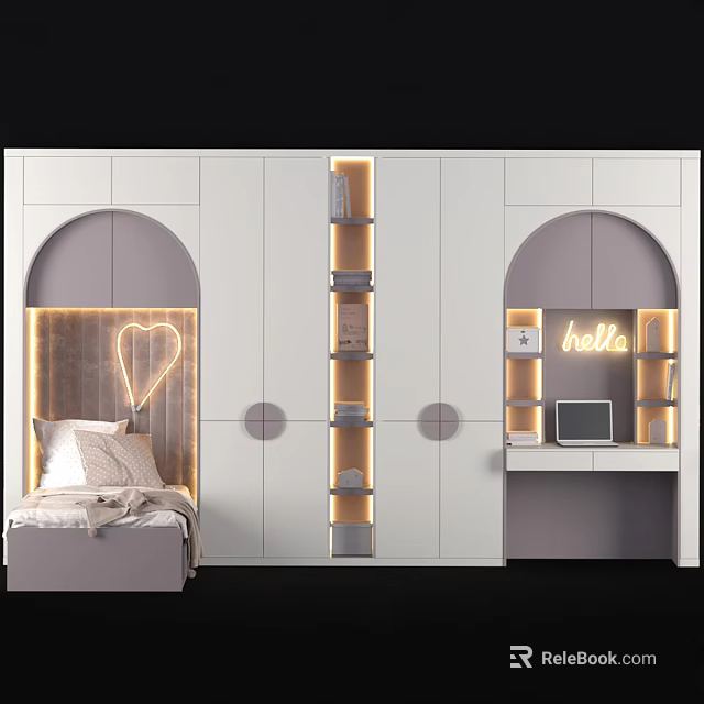 Single Bed With White Wardrobe Arched Design Neon Light Decor Bookshelf And Laptop 3d model