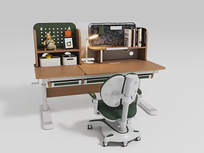 Height Adjustable Desk With Bookshelf Cork Board Desk Lamp And Green Chair 3d model