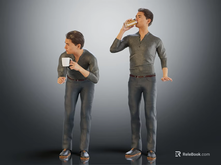 Two Men Wearing Gray Shirts And Jeans Standing In Gray Background One Drinking Coffee 3d model 
