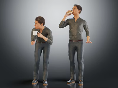 Two Men Wearing Gray Shirts And Jeans Standing In Gray Background One Drinking Coffee 3d model