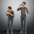 Two Men Wearing Gray Shirts And Jeans Standing In Gray Background One Drinking Coffee