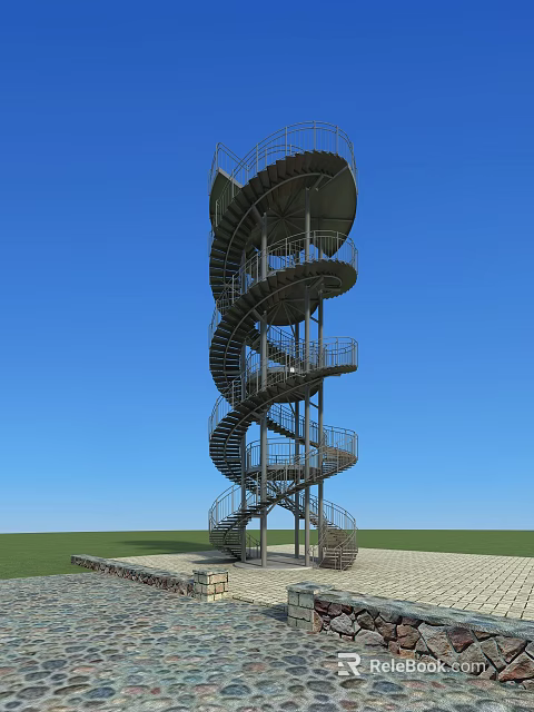 Spiral Tower With Metal Staircase Against Blue Sky And Green Grass 3d model 