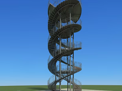 Spiral Tower With Metal Staircase Against Blue Sky And Green Grass 3d model