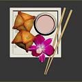 Delicious Fried Wontons Served With Pink Beverage And Orchid On White Plate With Chopsticks