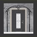 Wrought Iron Exterior Gate with Black Awning Gray Wall and Stone Slab Floor