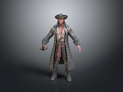 Man In Pirate Costume With Tricorn Hat Long Coat And Red Sash 3d model