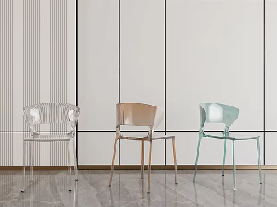 Three Modern Leisure Chairs in Transparent Brown Light Green with Striped Wall and Gray Floor 3d model