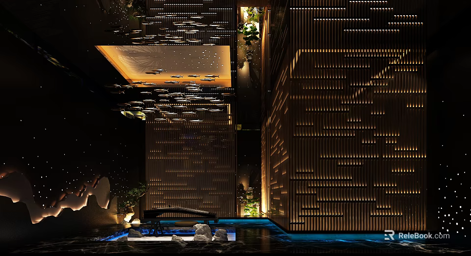 Modern Luxury Clubhouse Interior With Starry Ceiling Wooden Grille And Water Feature Lighting 3d model 