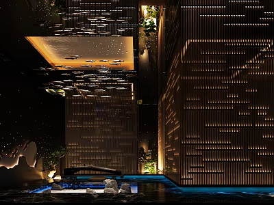 Modern Luxury Clubhouse Interior With Starry Ceiling Wooden Grille And Water Feature Lighting 3d model