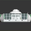 Cartoon Scene Featuring White Building With Green Cylindrical Tanks Circular Top Device And Grid Base