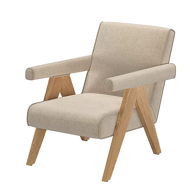 Beige Fabric Lounge Chair With Oak Wood Frame And Modern Comfortable Design 3d model