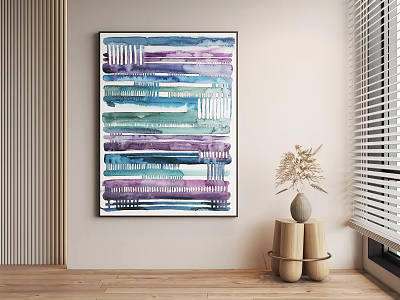 Abstract Painting With Purple Blue Green Stripes In Modern Interior Decorative Vase Wooden Floor 3d model