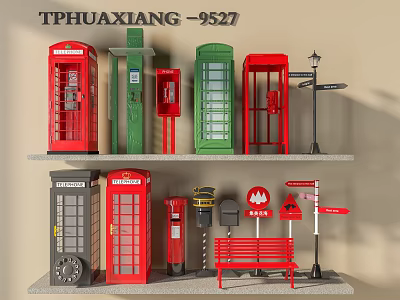 Vintage Public Facilities Collection Display With Colorful Telephone Booths Mailboxes Bench Street Lamp And Signs 3d model