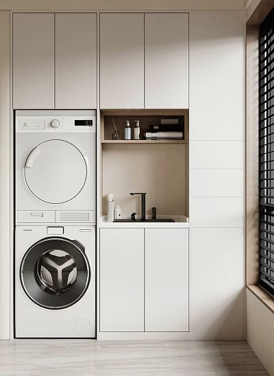 Modern Balcony Cabinet Design With Washing Machine Sink And Storage Space 3d model