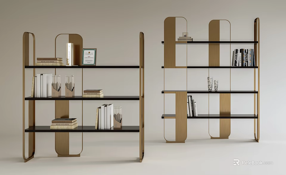 Elegant Modern Bookcase Design With Gold Frame Black Shelves And Decorative Books 3d model 