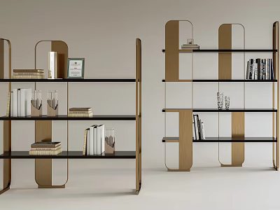 Elegant Modern Bookcase Design With Gold Frame Black Shelves And Decorative Books 3d model