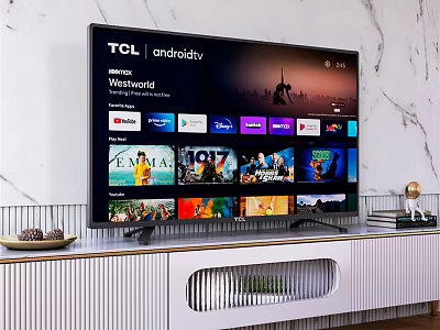 TCL Android TV With Streaming Apps On Modern Living Room TV Stand 3d model
