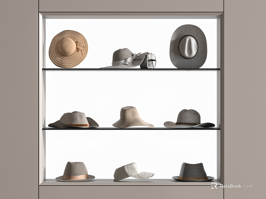 Stylish Hats Displayed On Three Shelves With Beige Gray White And Classic Designs 3d model 