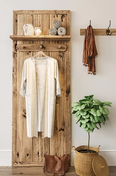 Rustic Wooden Hook Rack Holding White Robe With Lace Trim Scarf And Green Plant 3d model