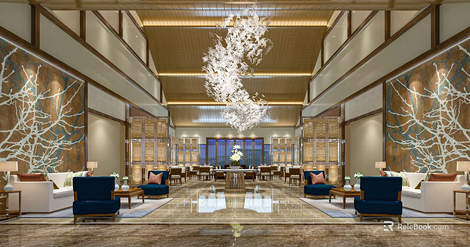 Elegant Hotel Lobby With Grand Chandelier Marble Floor And Blue Sofas 3d model 