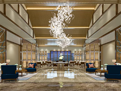 Elegant Hotel Lobby With Grand Chandelier Marble Floor And Blue Sofas 3d model