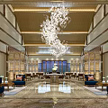 Elegant Hotel Lobby With Grand Chandelier Marble Floor And Blue Sofas