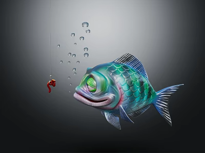 Colorful Fish With Green Blue Scales Big Eyes Bubbles Red Bait Fishhook And Dark Background 3d model