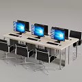 Office Workstation Setup With Long Desk Multiple Computers And Ergonomic Chairs 3d model