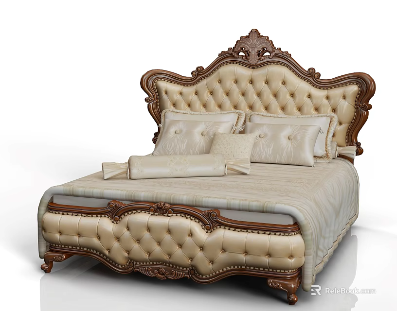 Elegant Classic Double Bed With Carved Wooden Headboard And Upholstered Beige Fabric 3d model 