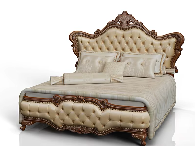 Elegant Classic Double Bed With Carved Wooden Headboard And Upholstered Beige Fabric 3d model