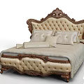 Elegant Classic Double Bed With Carved Wooden Headboard And Upholstered Beige Fabric