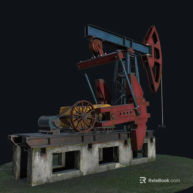 Red And Blue Oil Pump Jack With Concrete Base And Mechanical Wheels 3d model 