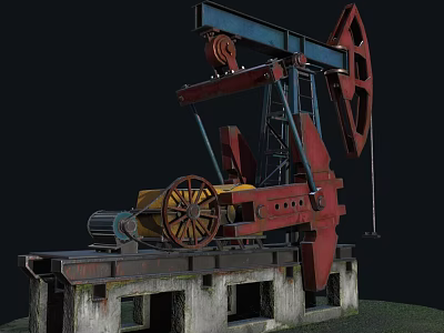 Red And Blue Oil Pump Jack With Concrete Base And Mechanical Wheels 3d model