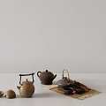 Earth-Toned Ceramic Tea Set Including Teapots Teacups and Bamboo Mat